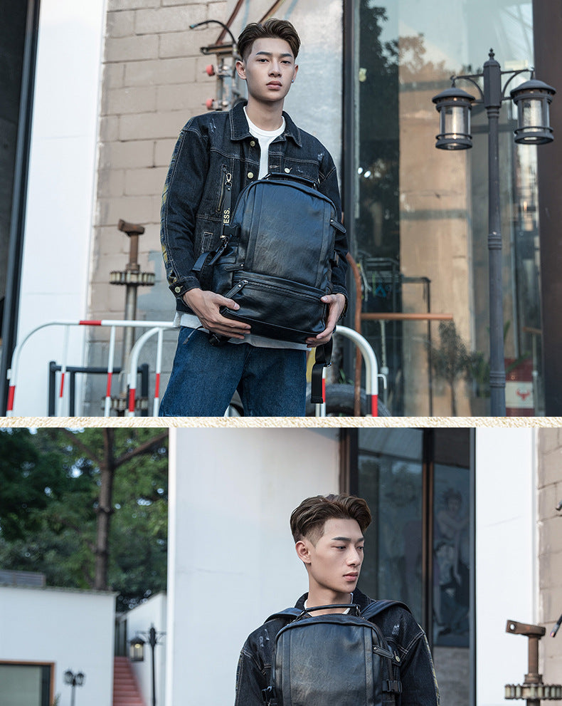 Men's rucksack cowhide genuine leather original handmade Korean fashion personality USB charging bag for men