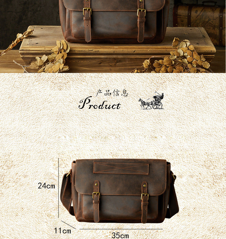 Men's Messenger Bag Handmade Genuine Cowhide Leather Crazy Horse Korean Fashion Crossbody Bag Shoulder Bag
