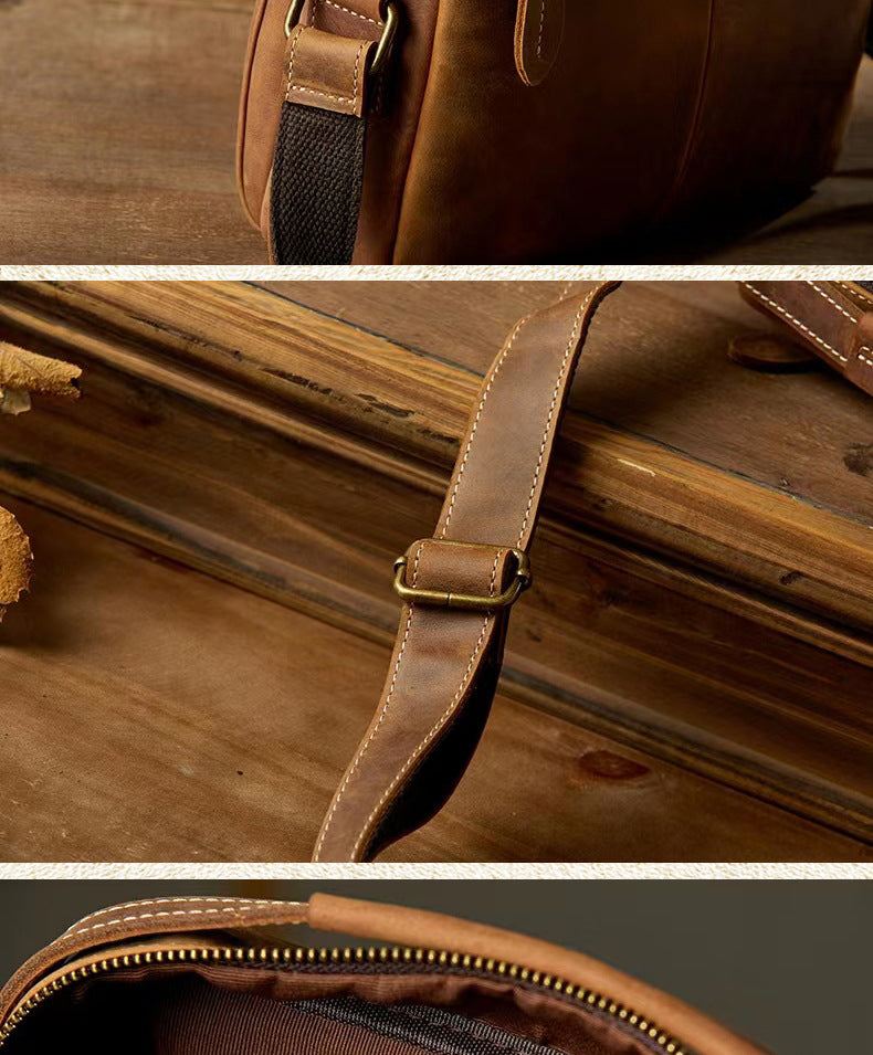 Men's Shoulder Bag Handmade Cow Leather Casual Simple Retro Zipper Crossbody Bag