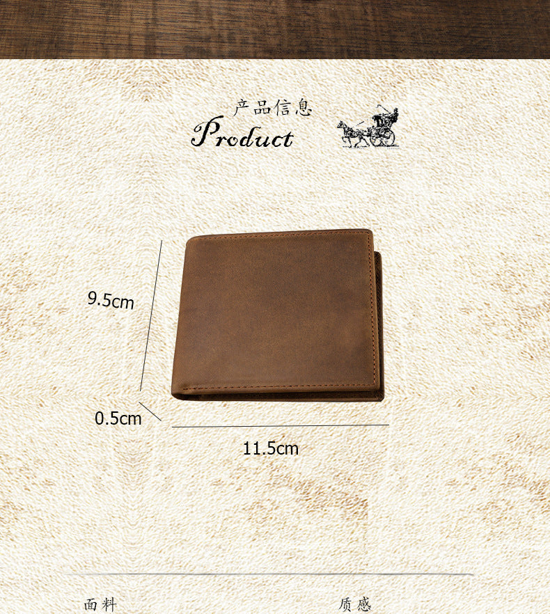Men's short wallet made of genuine cowhide leather Crazy Horse Original casual simple thin Korean fashion unique wallet for men