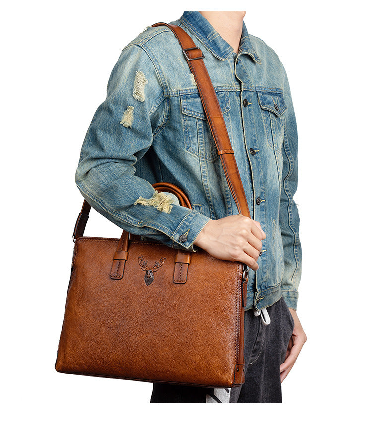 Men's Briefcase Genuine Cowhide Leather Simple Fashion Retro Casual Bag Computer Bag for Men