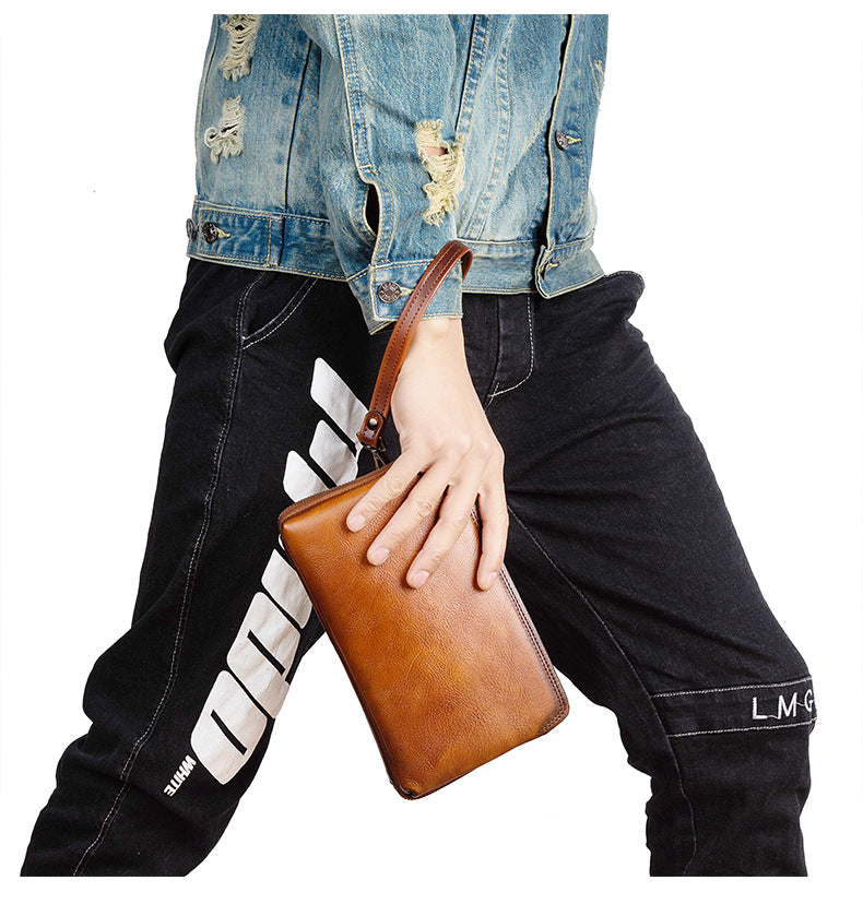 Men's Clutch Bag Genuine Cowhide Leather Practical Retro Casual Men Bag