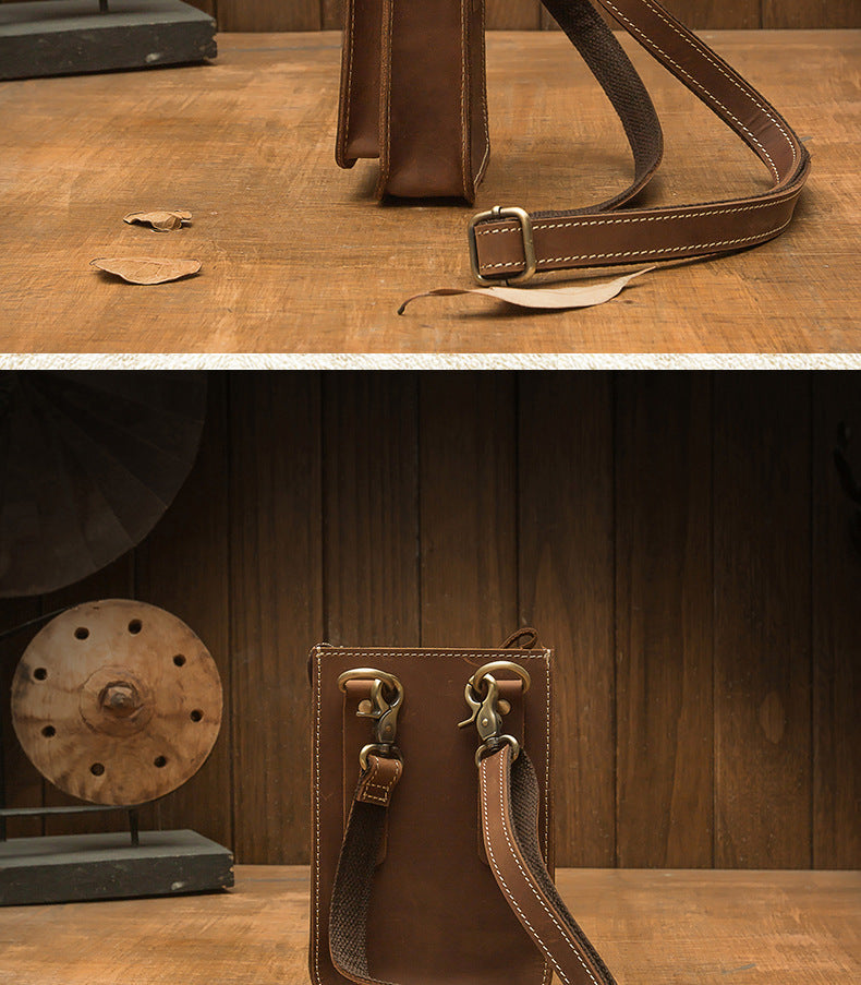Men's Shoulder Bag Handmade Genuine Cowhide Leather Crazy Horse Men's Crossbody Bag Smartphone Pouch Waist Pouch