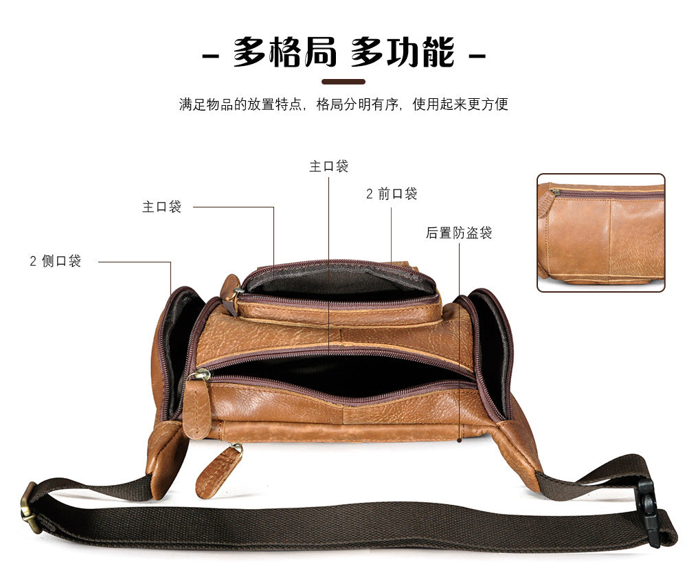 Men's waist pouch cowhide genuine leather fashion retro outdoor bust bag for men