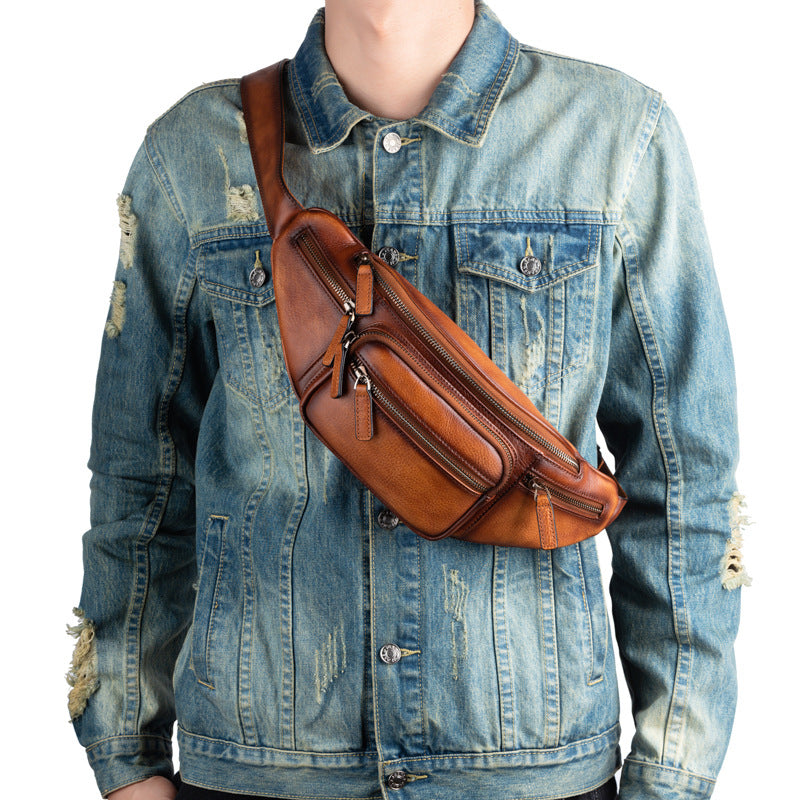 Men's Waist Pouch Genuine Cowhide Leather Retro Casual Bust Bag for Men