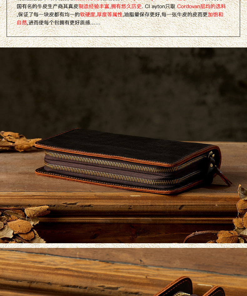 Men's Wallet Handcrafted Genuine Cowhide Leather Quality Crazy Horse Double Zipper Clutch Bag Casual Men's Wallet