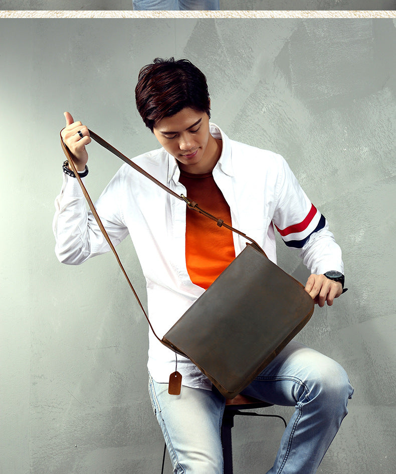 Men's Messenger Bag Handmade Genuine Cowhide Leather Crazy Horse Retro Casual Shoulder Bag Crossbody Computer Bag