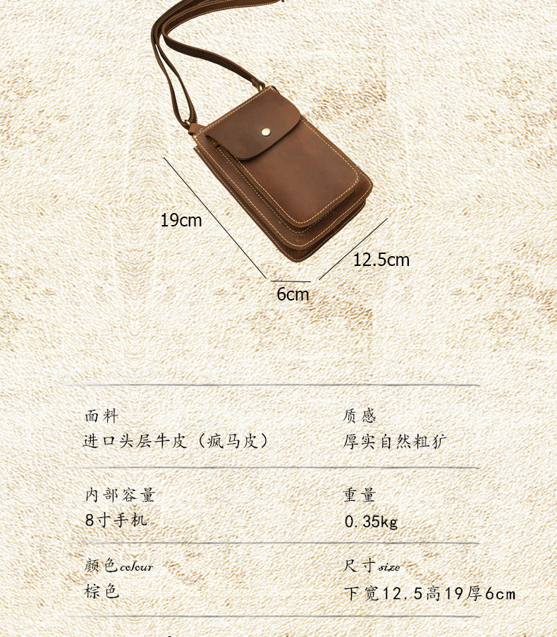 Men's Shoulder Bag Handmade Genuine Cowhide Leather Crazy Horse Men's Crossbody Bag Smartphone Pouch Waist Pouch