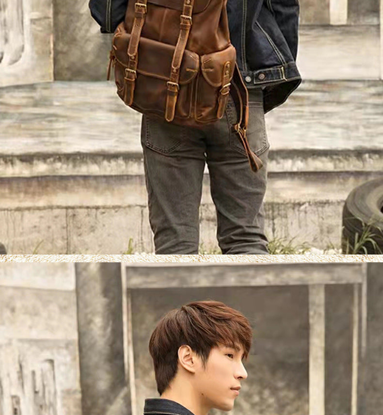 Men's backpack handmade genuine cowhide leather retro unique fashion casual travel bag