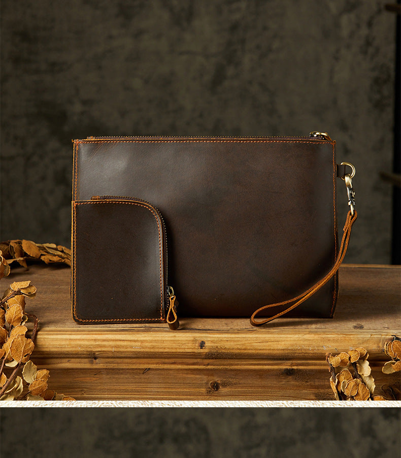 Men's Wallet Handcrafted Genuine Cowhide Leather Retro Zipper Simple Clutch Bag Men's Wallet