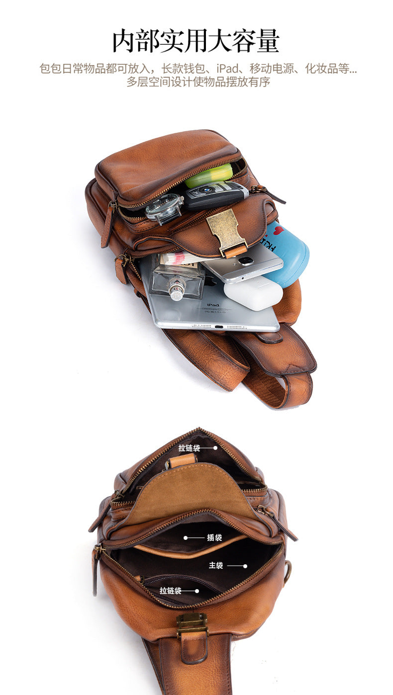 Men's bust bag Genuine cowhide leather retro crossbody bag for men