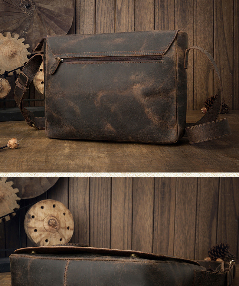 Men's Messenger Bag Handmade Genuine Cowhide Leather Crazy Horse Retro Casual Shoulder Bag Crossbody Computer Bag