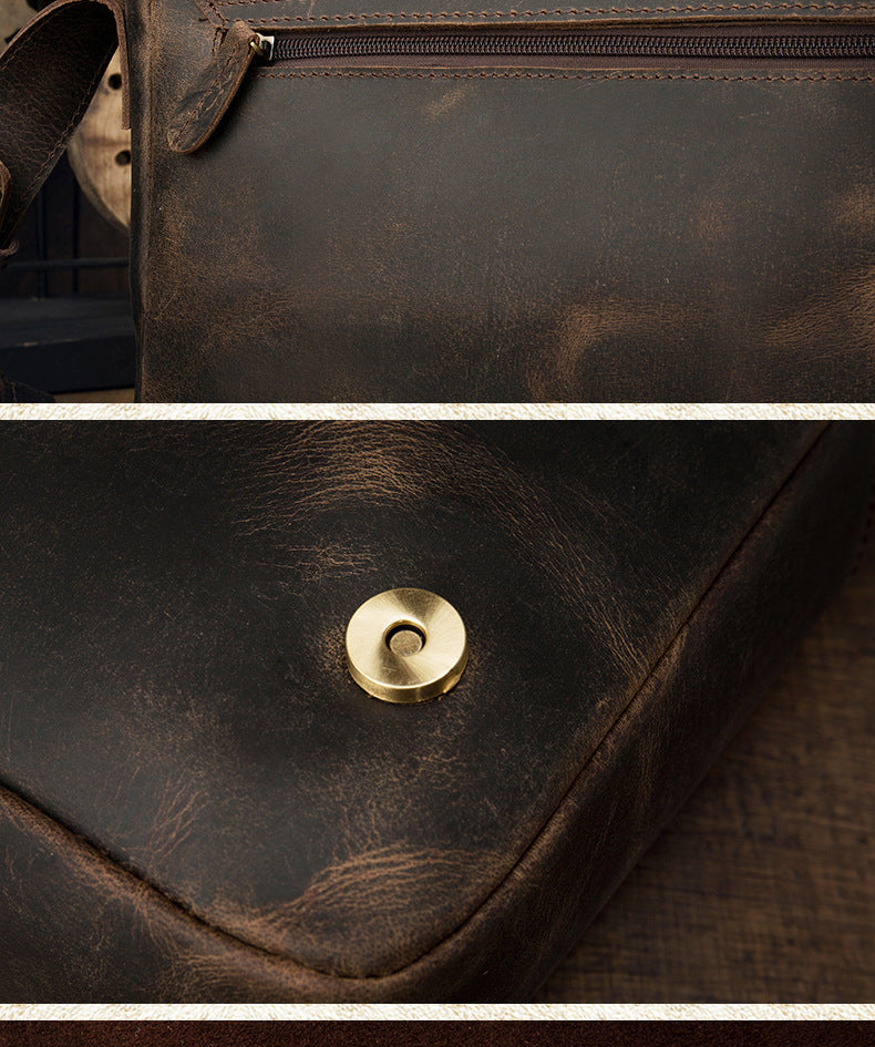 Men's Messenger Bag Handmade Genuine Cowhide Leather Crazy Horse Retro Casual Shoulder Bag Crossbody Computer Bag