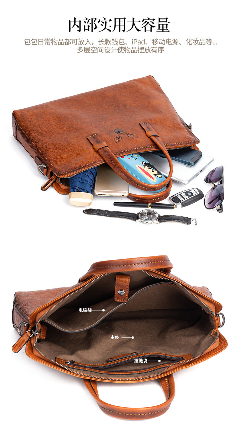 Men's Briefcase Genuine Cowhide Leather Simple Fashion Retro Casual Bag Computer Bag for Men