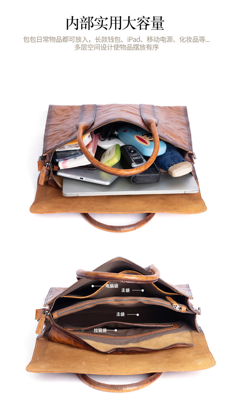 Men's Briefcase Genuine Cowhide Leather Casual Bag Travel Bag for Men