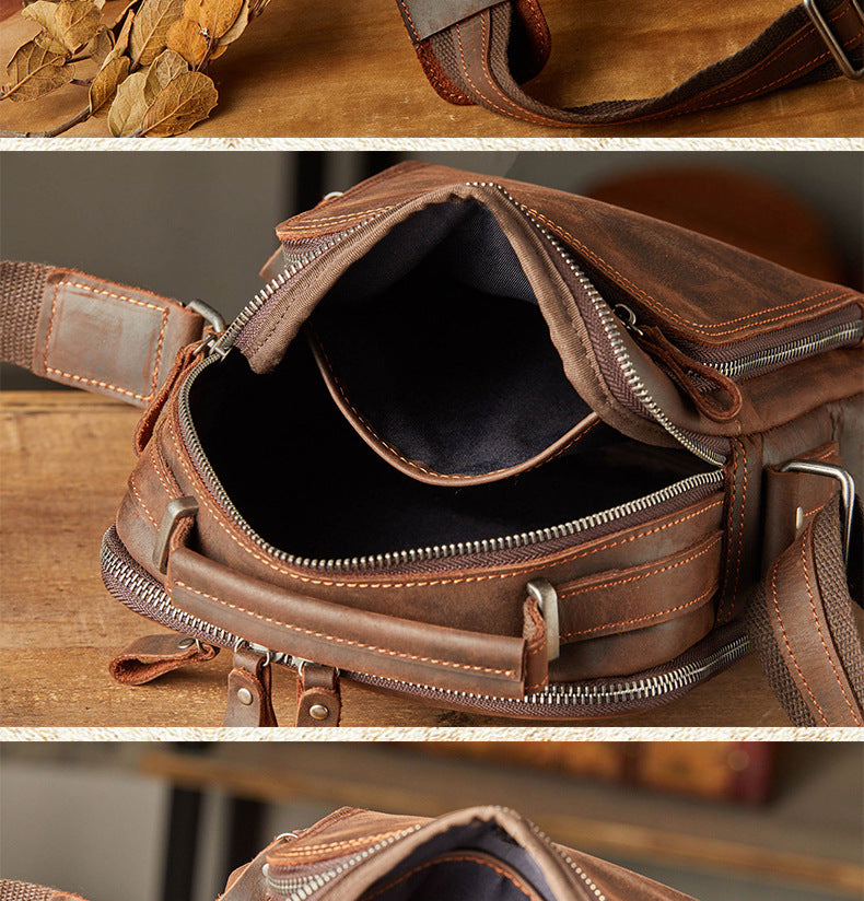 Men's Shoulder Bag Handbag Genuine Cowhide Leather Handmade Crazy Horse Retro Casual Fashion Business Crossbody Bag