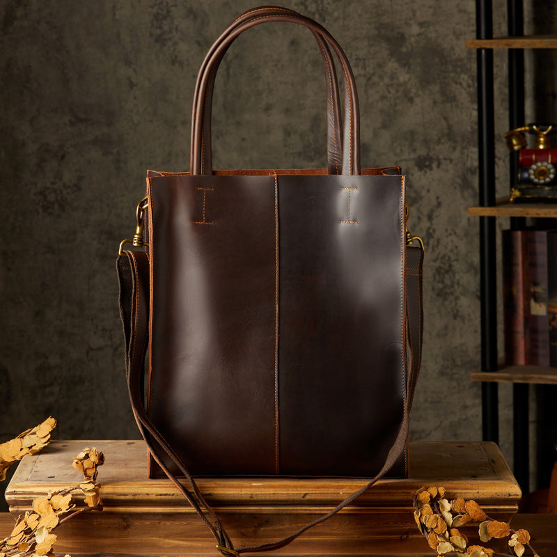 Men's Handbag Handmade Cowhide Genuine Leather Crazy Horse Handbag Business Commuter Retro Crossbody Bag Shoulder Bag Men's Briefcase