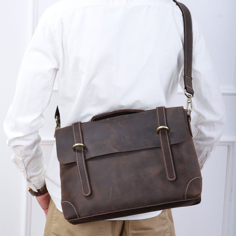 Men's Shoulder Bag Retro Cowhide Crazy Horse Messenger Bag Casual Fashion Large Capacity Crossbody Bag for Men Computer Bag