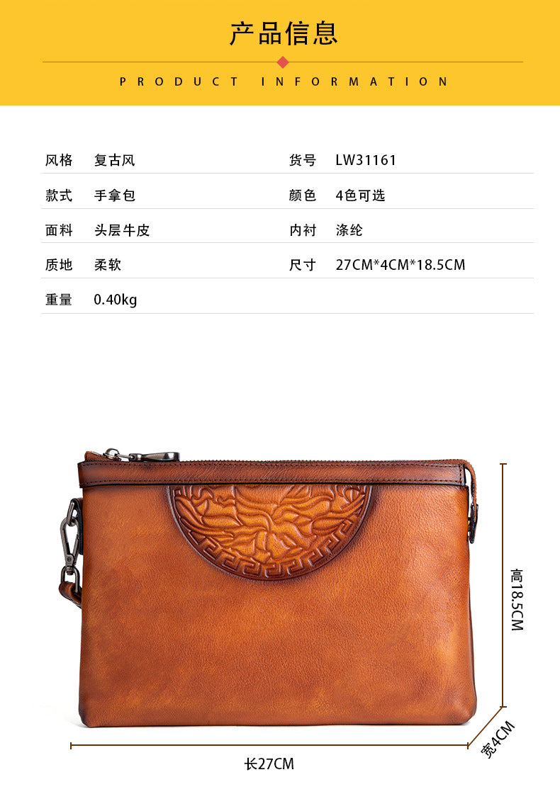 Men's Clutch Bag Genuine Cowhide Leather Retro Casual Men's Handbag