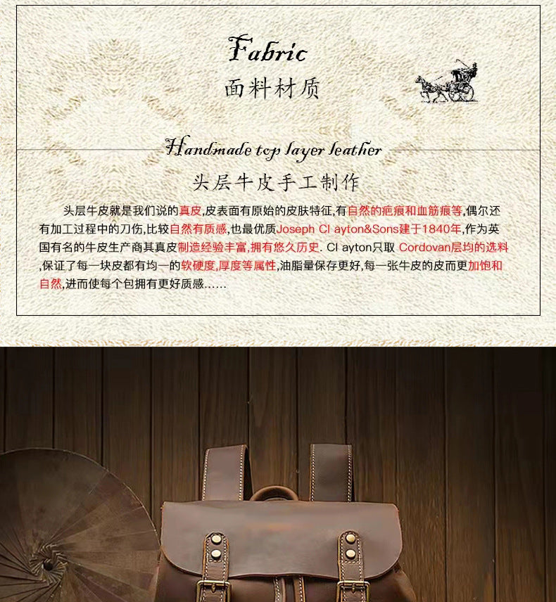 Men's backpack handmade genuine cowhide leather retro unique fashion casual travel bag