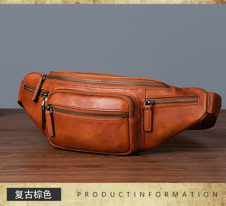Men's Waist Pouch Genuine Cowhide Leather Retro Casual Bust Bag for Men