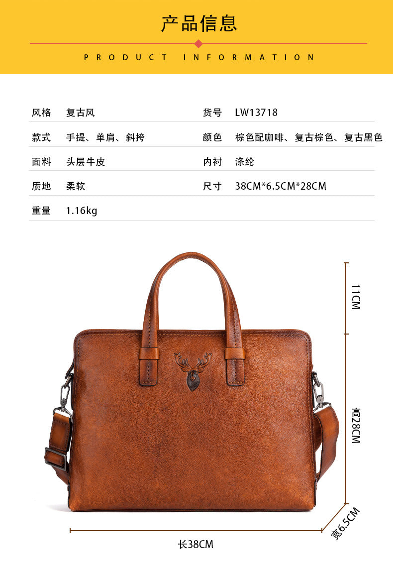 Men's Briefcase Genuine Cowhide Leather Simple Fashion Retro Casual Bag Computer Bag for Men