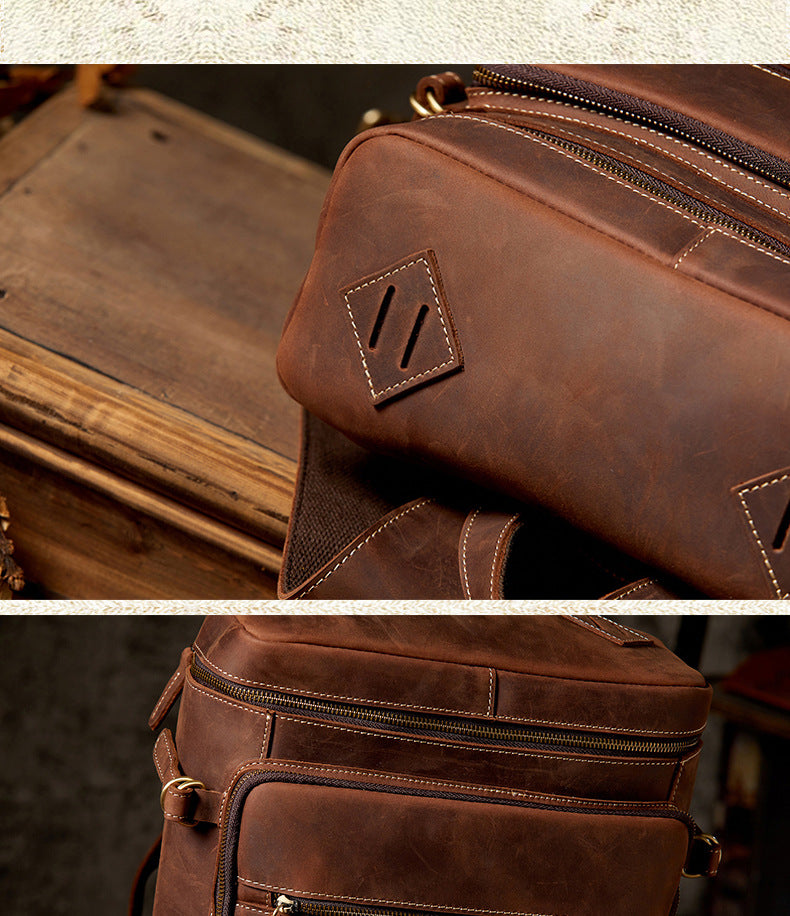 Men's Backpack Genuine Cowhide Leather Crazy Horse Handmade Large Capacity Casual Retro Fashion Travel Bag for Men