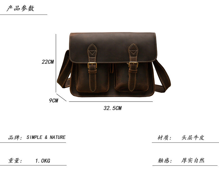 Men's Shoulder Bag Cow Leather Crazy Horse Handmade Retro Fashion Crossbody Bag