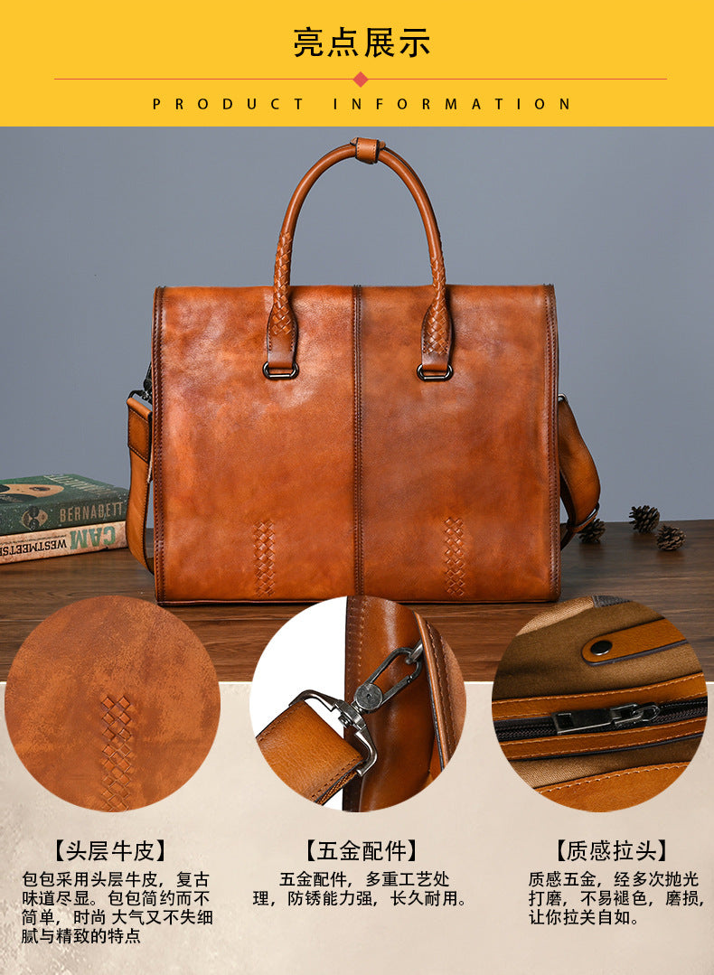 Men's briefcase genuine cowhide leather simple fashion retro casual business men's handbag computer bag