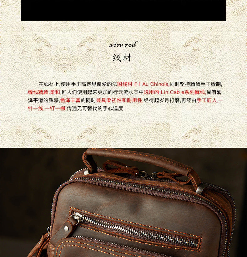 Men's Shoulder Bag Handbag Genuine Cowhide Leather Handmade Crazy Horse Retro Casual Fashion Business Crossbody Bag