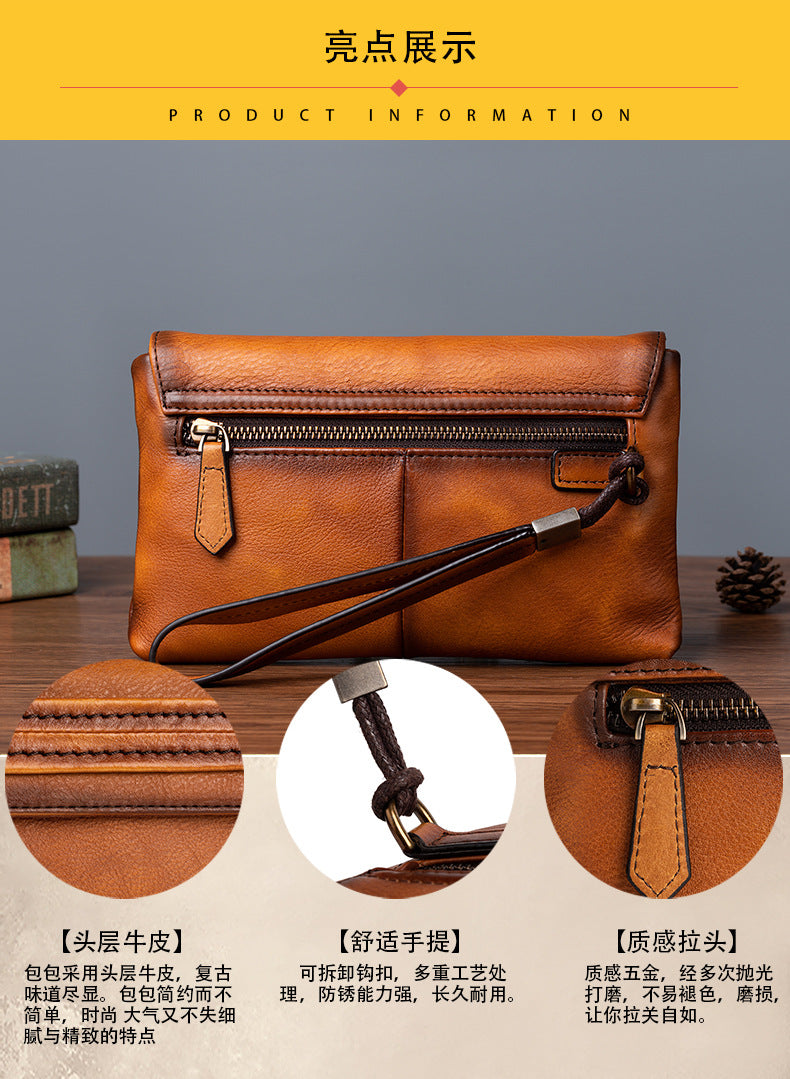 Men's Clutch Bag Genuine Cowhide Leather Retro Casual Men's Handbag