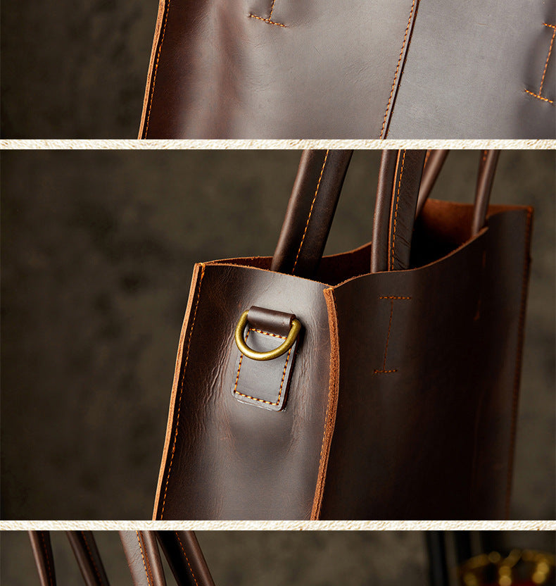 Men's Handbag Handmade Cowhide Genuine Leather Crazy Horse Handbag Business Commuter Retro Crossbody Bag Shoulder Bag Men's Briefcase