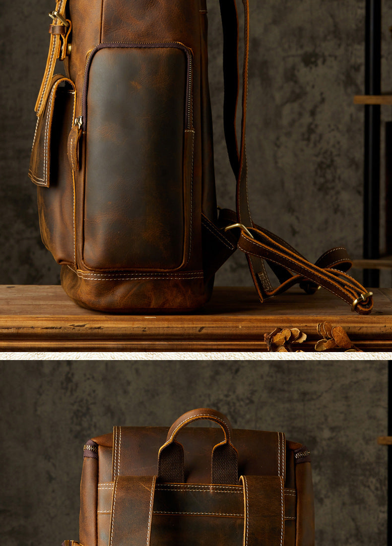 Men's backpack cowhide genuine leather handmade large capacity travel fashion computer bag