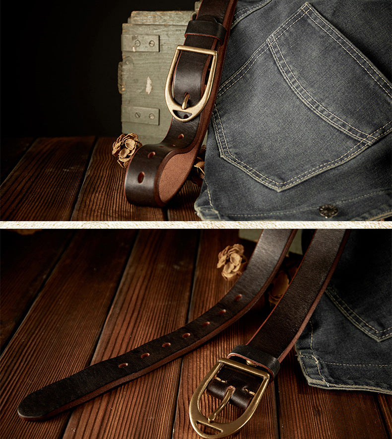 Men's Belt Handmade Genuine Cowhide Leather Unique Copper Needle Buckle Vintage Fashion Men's Belt