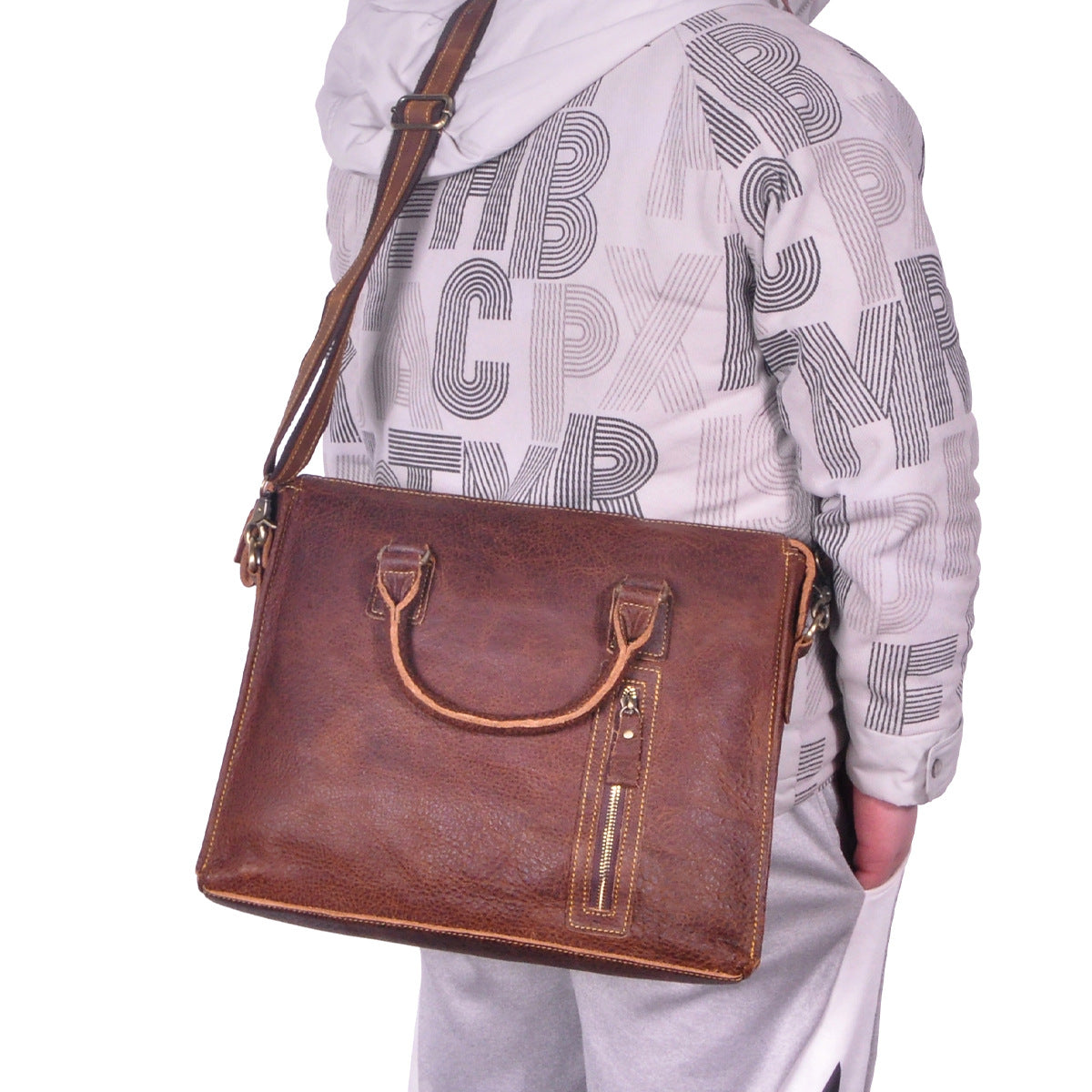 Men's Briefcase Crossbody Bag Cowhide Genuine Leather Retro Shoulder Bag Computer Bag
