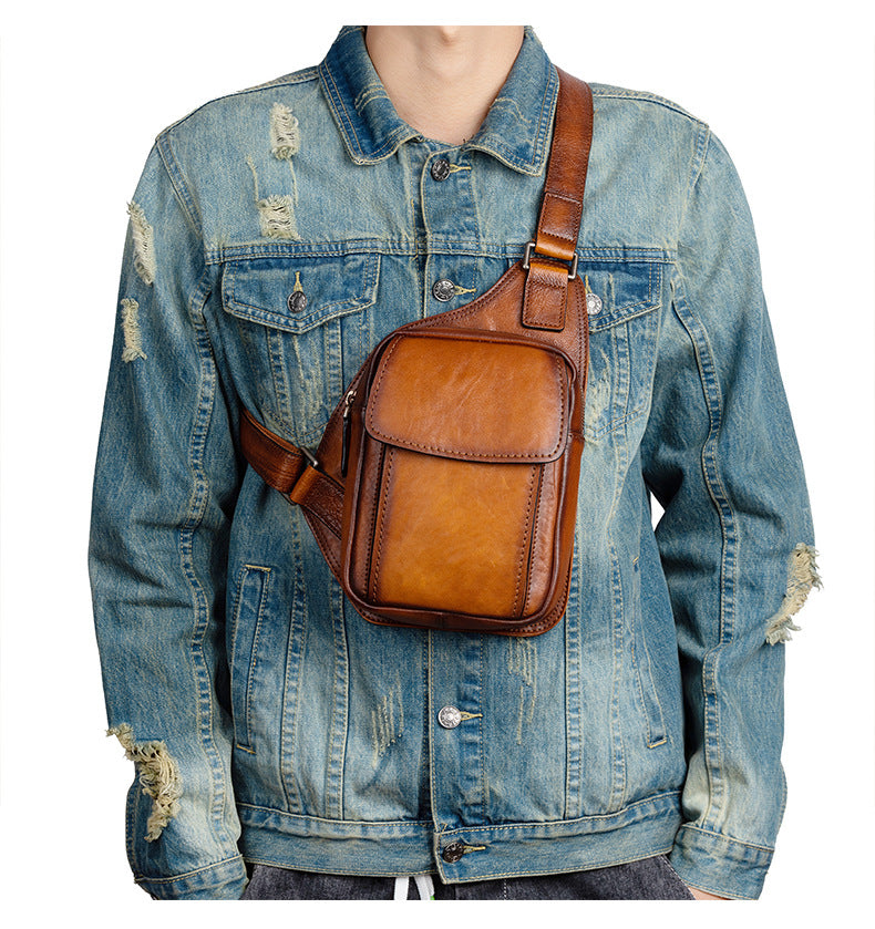 Men's bust bag Genuine cowhide leather retro casual crossbody bag for men