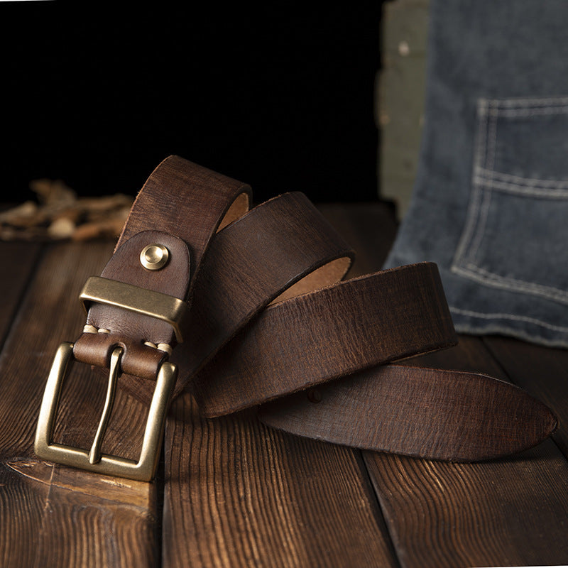 Men's Belt Genuine Cowhide Leather Casual Vintage Copper Needle Buckle Unique Men's Belt