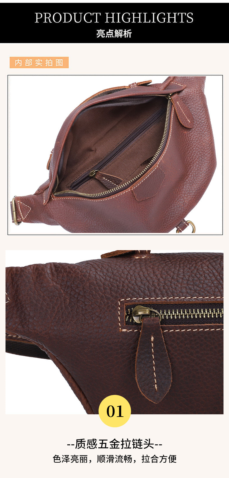 Men's Bust Bag Genuine Cowhide Leather Retro Casual Fashion Waist Pouch Shoulder Bag Crossbody Bag for Men