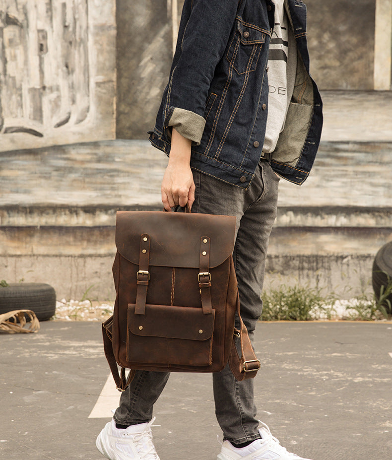 Men's Rucksack Korean Fashion Handmade Cowhide Genuine Leather Crazy Horse Outdoor Travel Bag Casual Computer Bag for Men