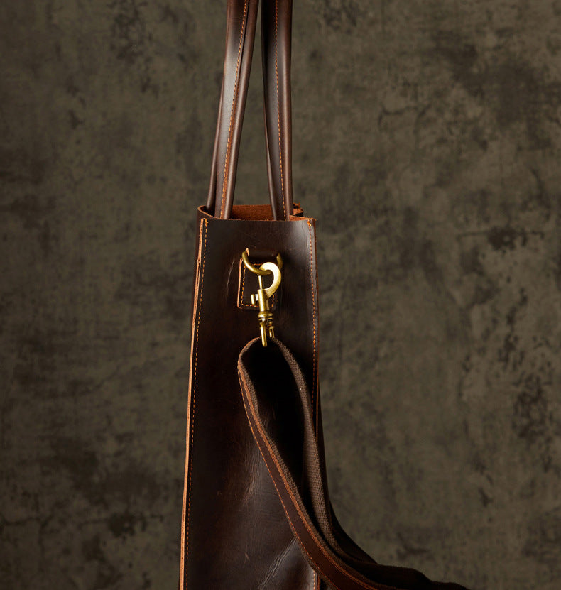 Men's Handbag Handmade Cowhide Genuine Leather Crazy Horse Handbag Business Commuter Retro Crossbody Bag Shoulder Bag Men's Briefcase