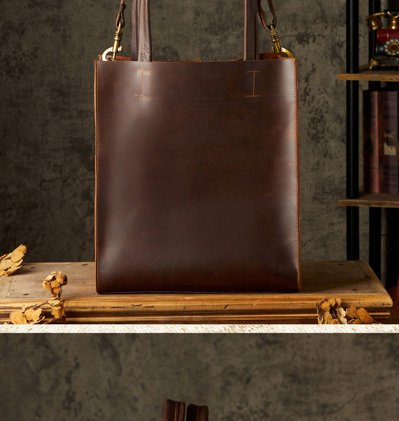 Men's Handbag Handmade Cowhide Genuine Leather Crazy Horse Handbag Business Commuter Retro Crossbody Bag Shoulder Bag Men's Briefcase