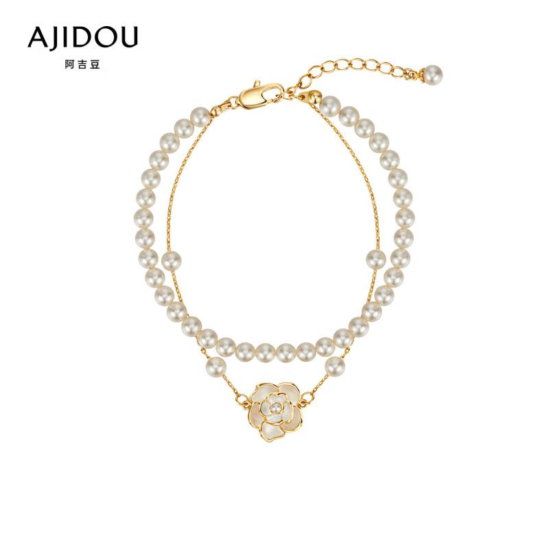 AJIDOUツバキの花 人工真珠のダブルチェーンブレスレット誕生日プレゼント彼女妻にプレゼント
