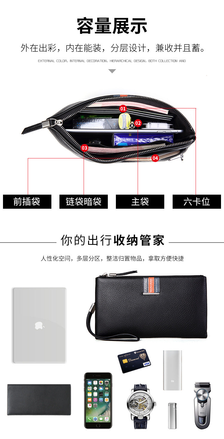 Men's Clutch Bag Genuine Cowhide Leather Casual Business Smart Anti-Theft Handbag for Men