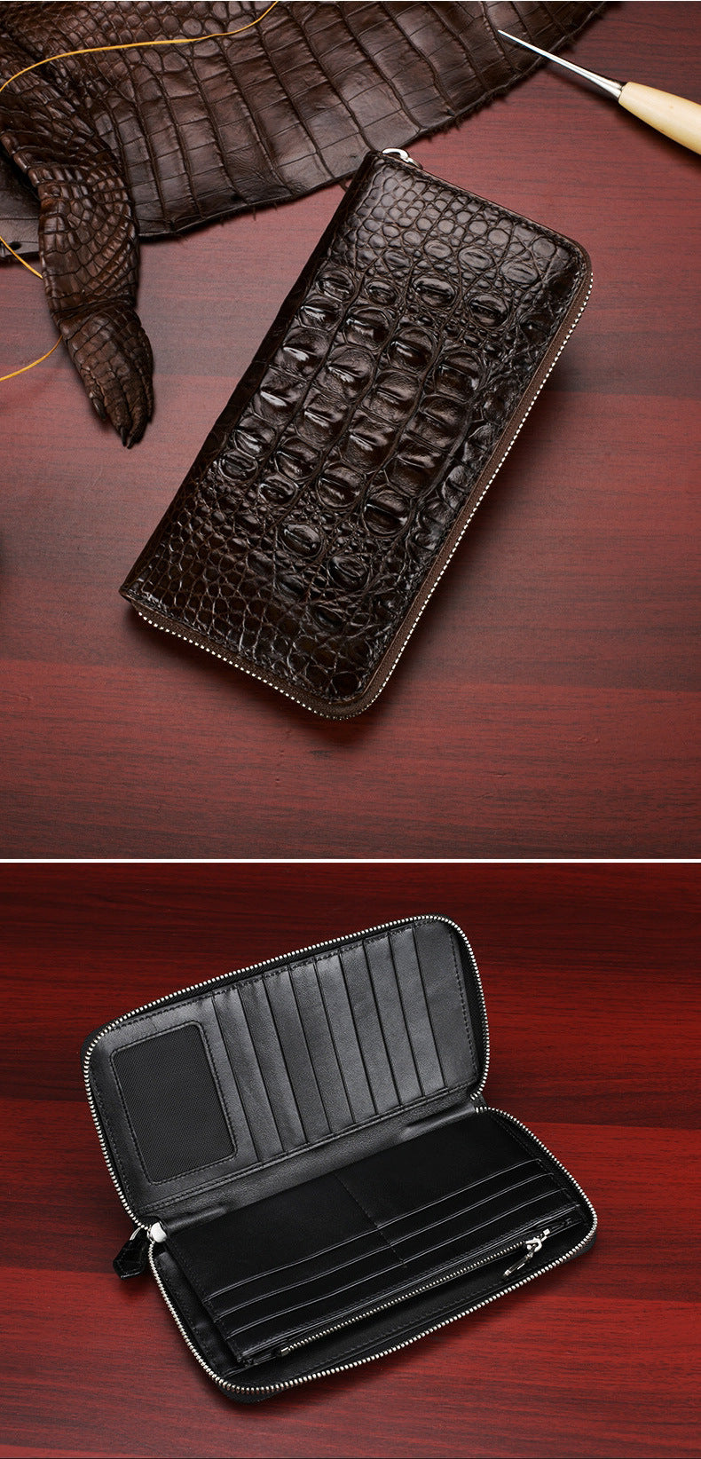 Siamese crocodile skin long wallet genuine leather wallet zipper high quality wallet handbag