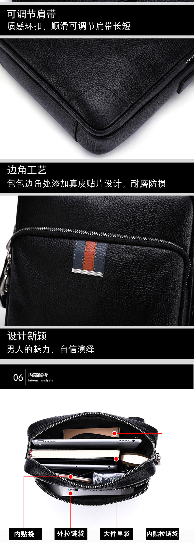Men's Shoulder Bag Made of Genuine Cowskin Leather Multifunctional Casual Large Capacity Fashion Crossbody Bag