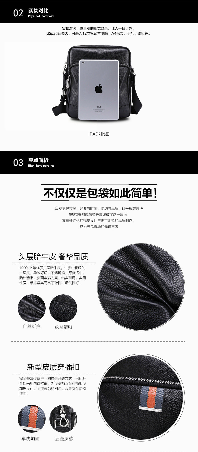 Men's Shoulder Bag Made of Genuine Cowskin Leather Multifunctional Casual Large Capacity Fashion Crossbody Bag