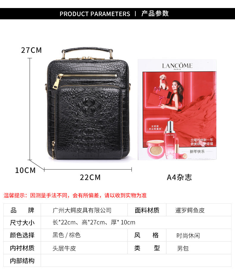 Siamese Crocodile Skin Genuine Leather Men's Shoulder Bag Business Casual Crossbody Bag Handbag