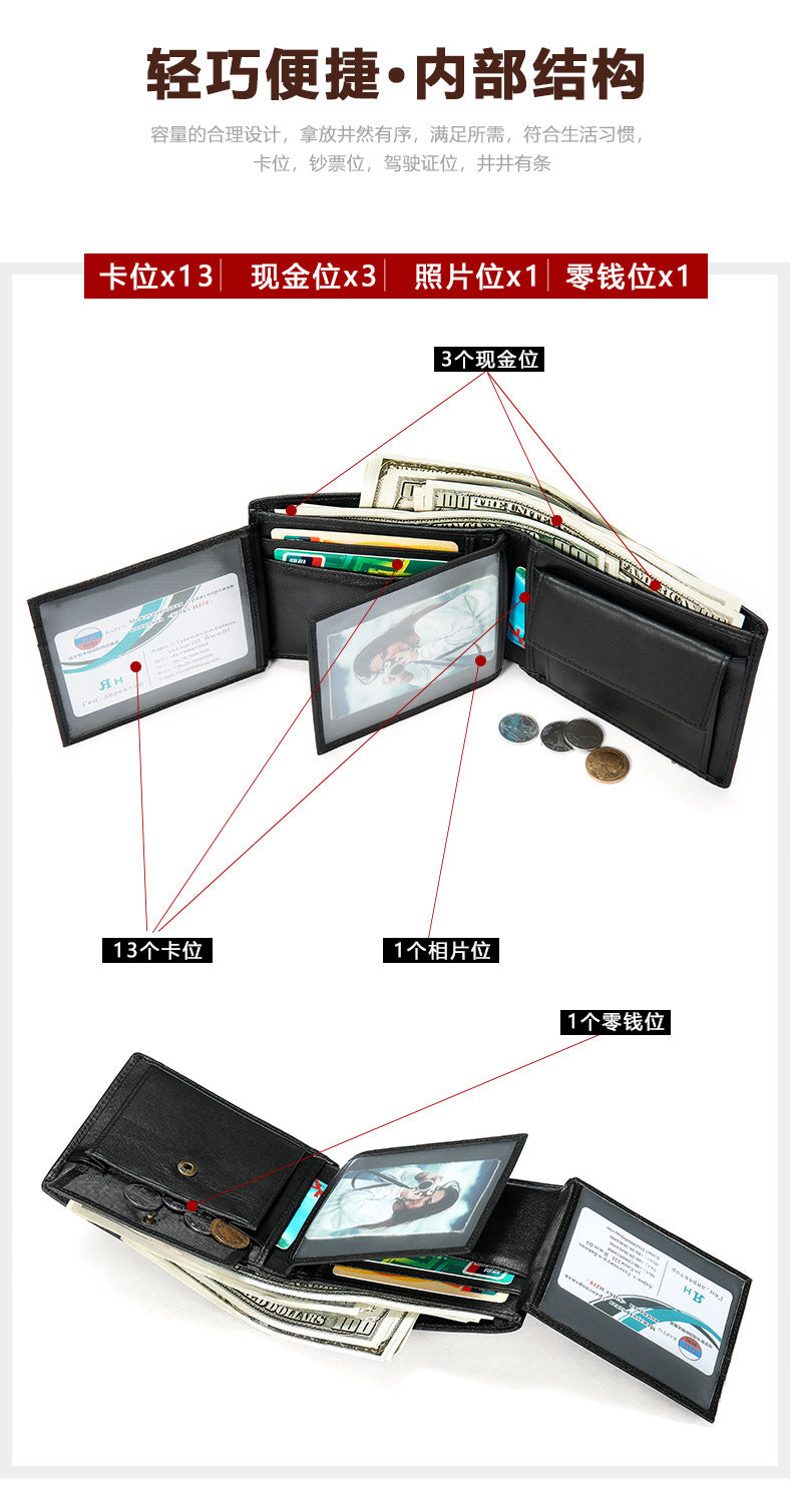 Men's Short Wallet Cowhide Genuine Leather RFID Card Holder Retro Men's Wallet Card Bag