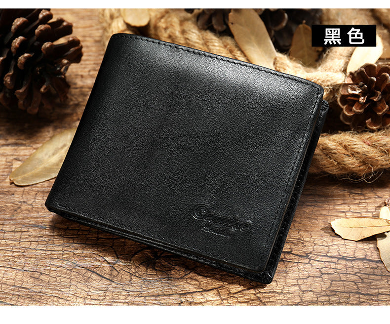 Men's Short Wallet Cowhide Genuine Leather RFID Card Holder Retro Men's Wallet Card Bag