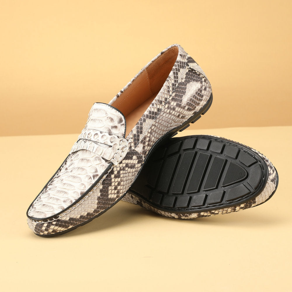 Python Skin Genuine Leather Men's Moccasins Fashion Rubber Sole Men Casual Shoes